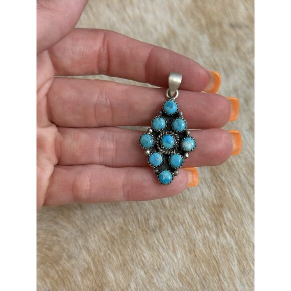Native American SW Sterling Silver Blue Turquoise Multistone Cluster Pendant - Picture 1 of 8